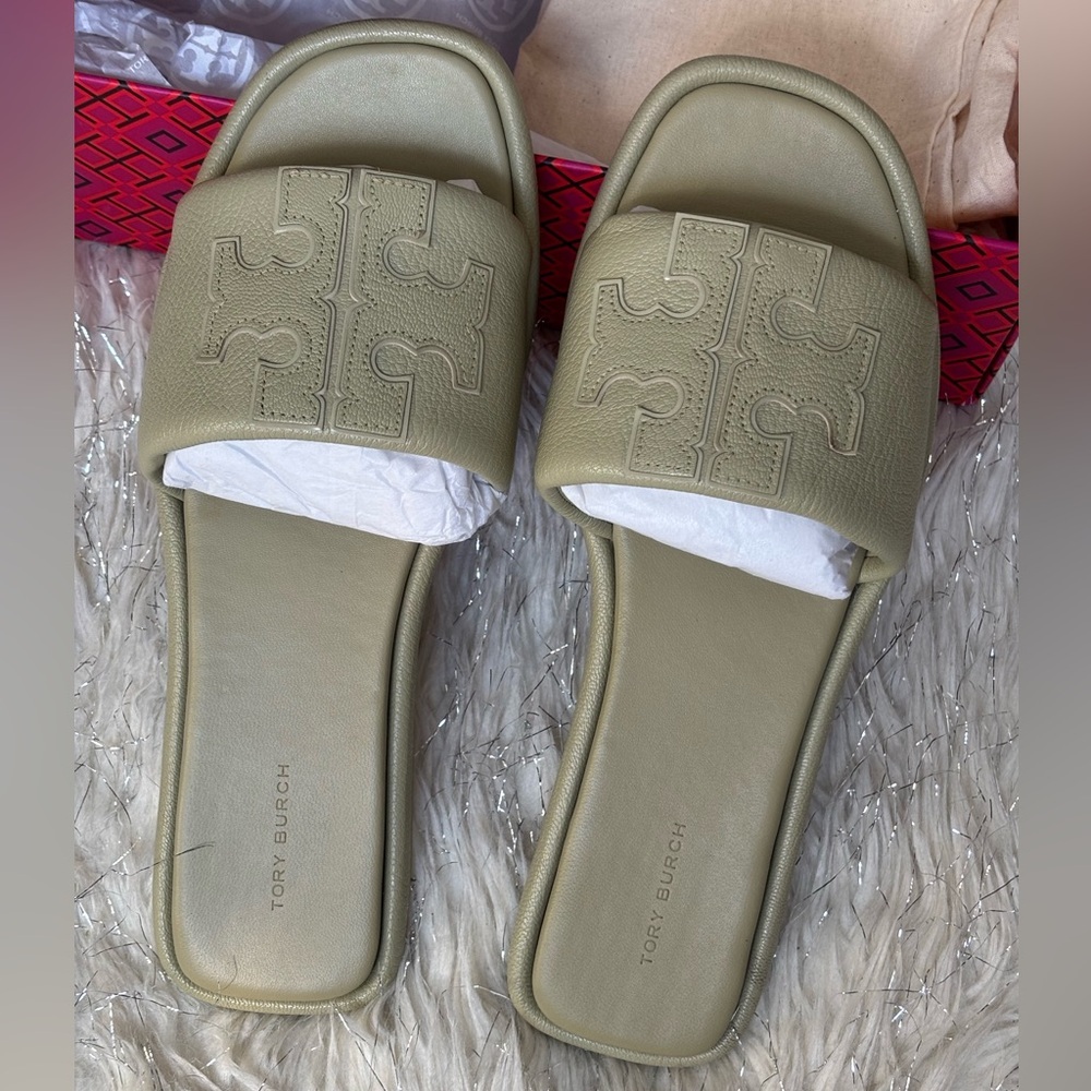 Tory Burch Olive Sprig Women’s Double T Sport Slide Tumbled Leather Size 9.5 - Picture 5 of 11